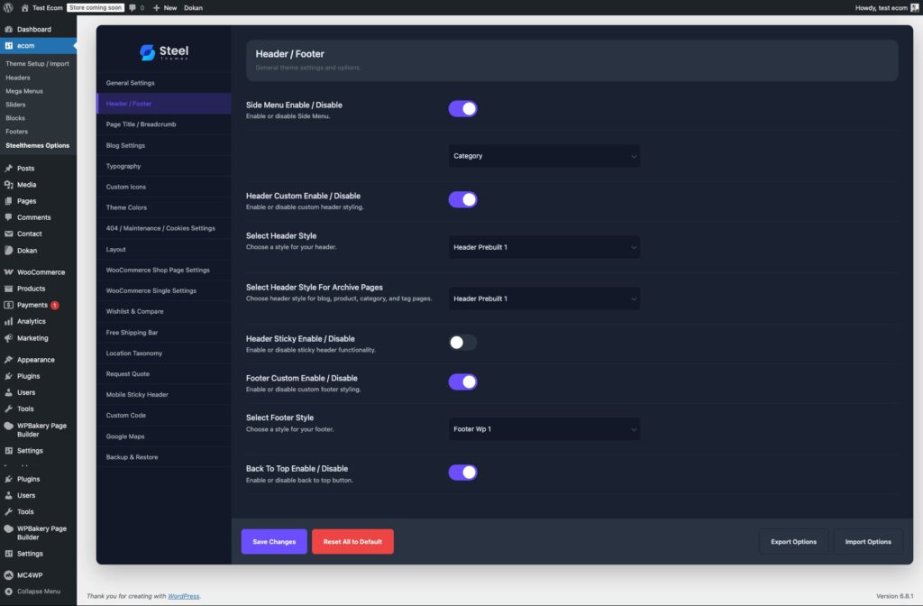 Header and footer settings – Ecom – Demo / Documentation