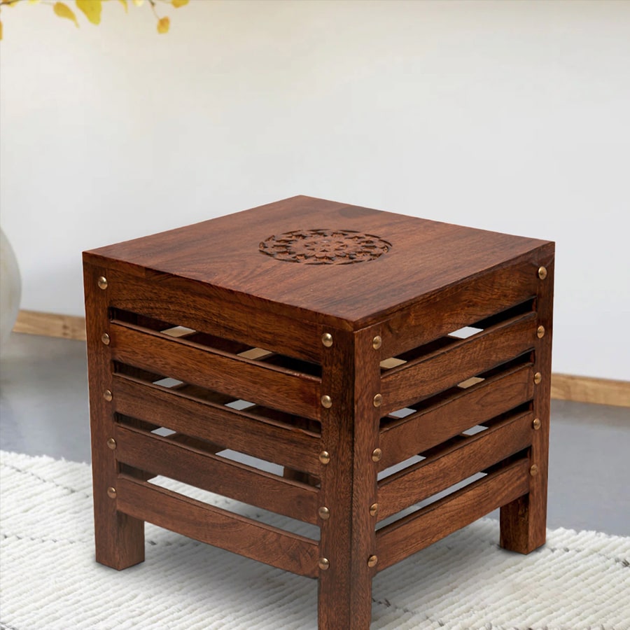 Antique Solid Wood Foot Stool in Brown Colour