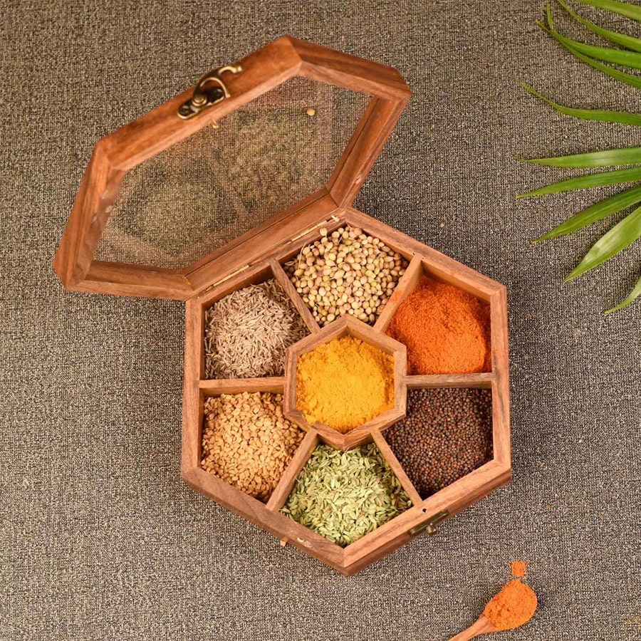 Hexa Brown Colour Sheesham Wood Spice Box