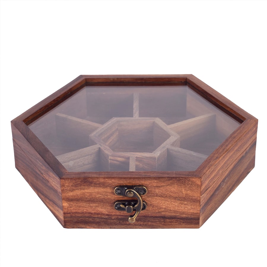 Hexa Brown Colour Sheesham Wood Spice Box
