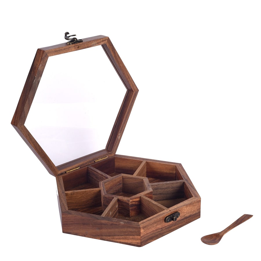 Hexa Brown Colour Sheesham Wood Spice Box